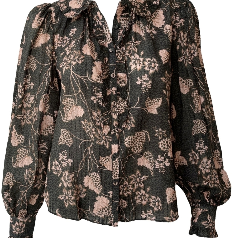 Ulla Johnson Black and Blush Floral Silk-Blend Blouse